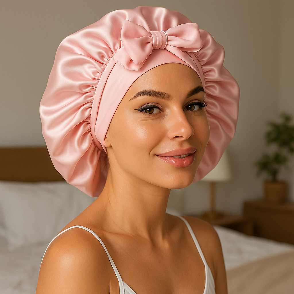 After: woman using silk hair cap in lifestyle setting