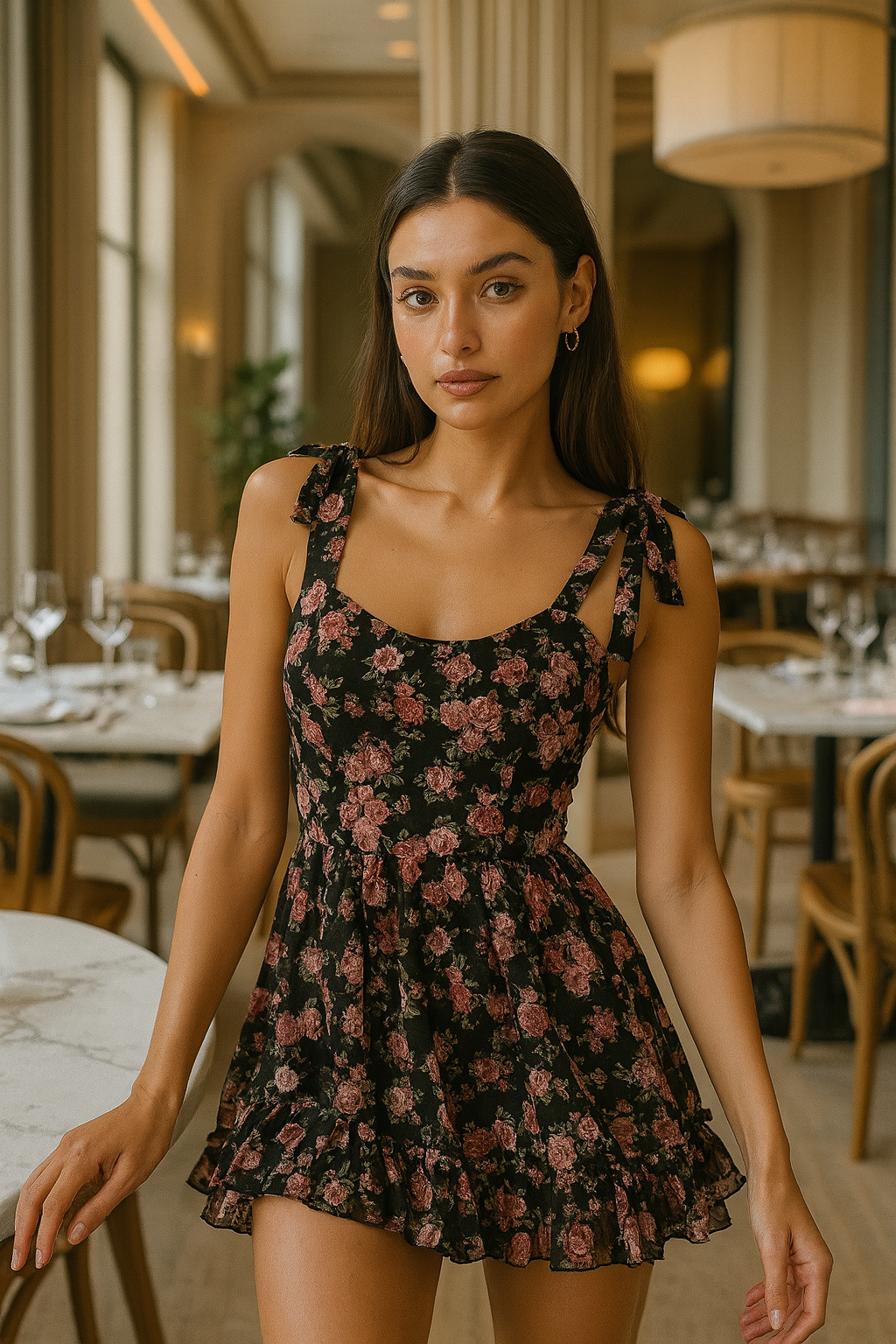 After: woman wearing dress in restaurant